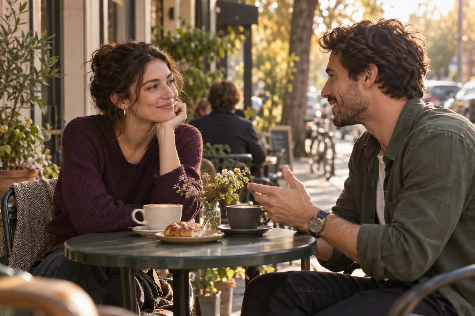 Two people enjoying a first conversation over coffee at a neighborhood cafe